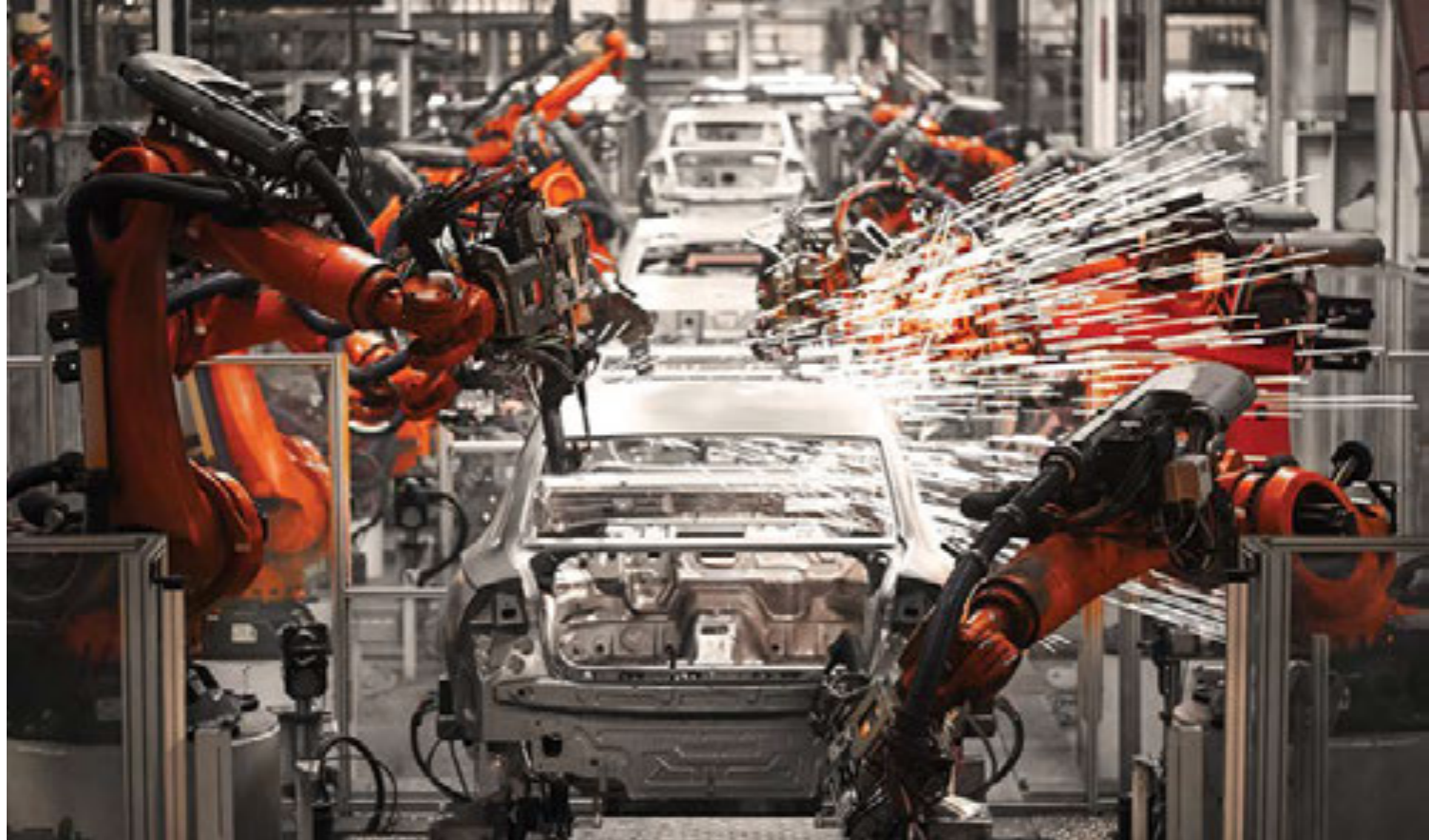 Illustration of technology integration and automation in a manufacturing setup.